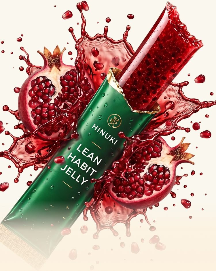 Hinuki Granatapfel-Jelly-Stick über einem Feld mit frischem Granatapfel gehalten